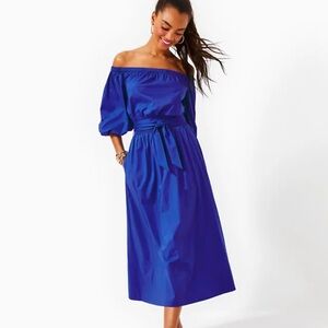 “Alba Blue” Lilly Pulitzer cotton dress, Shawnlee elbow sleeve off shoulder midi